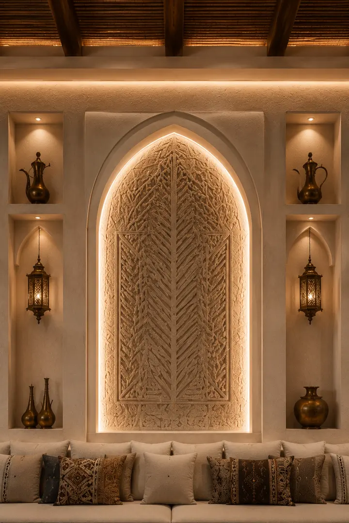 قوس مركزي بنقش هندسي مضاء تحيط به محاريب الدلال