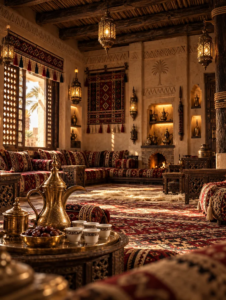 ركن القهوة بدلة نحاسية وفناجين أمام الجلسات