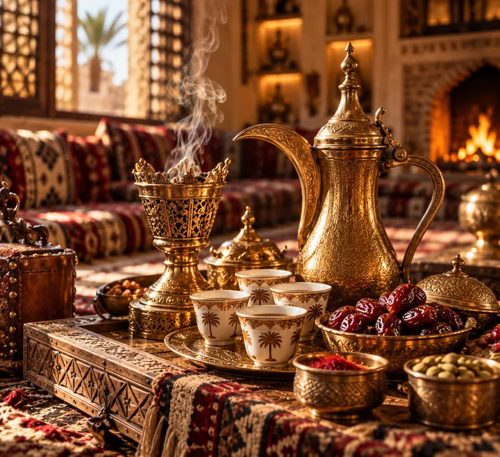 صينية القهوة والتمر والمبخرة أمام الوجار