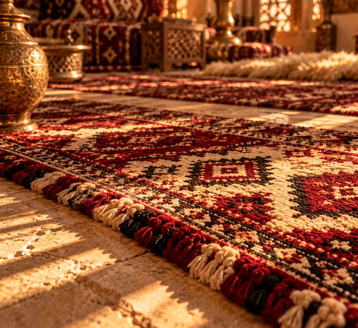 تفصيل نقوش السجاد المنسوج على أرضية المجلس