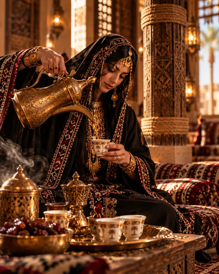تقديم القهوة العربية بالزي التقليدي