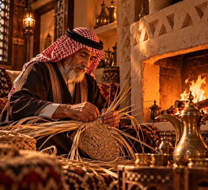 حِرفي ينسج من خوص النخل بجوار الوجار