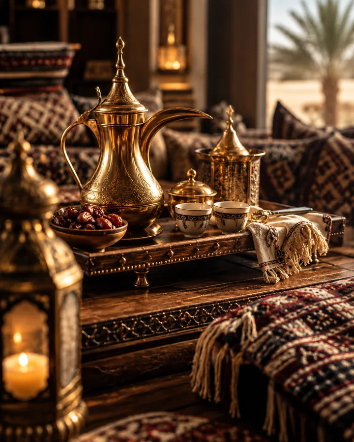 ركن القهوة بدلال نحاسية وتمر وفانوس مضيء