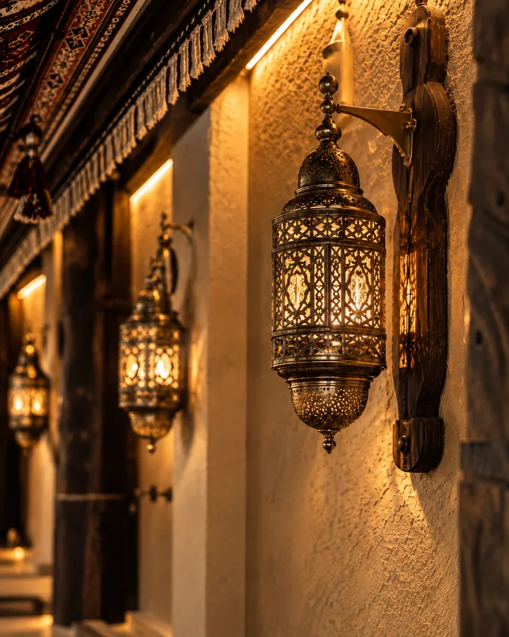فوانيس نحاسية معلّقة على جدار بملمس طيني