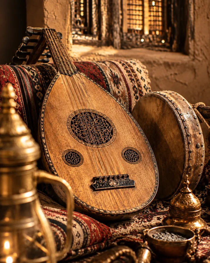 عود وطبل على وسائد السدو