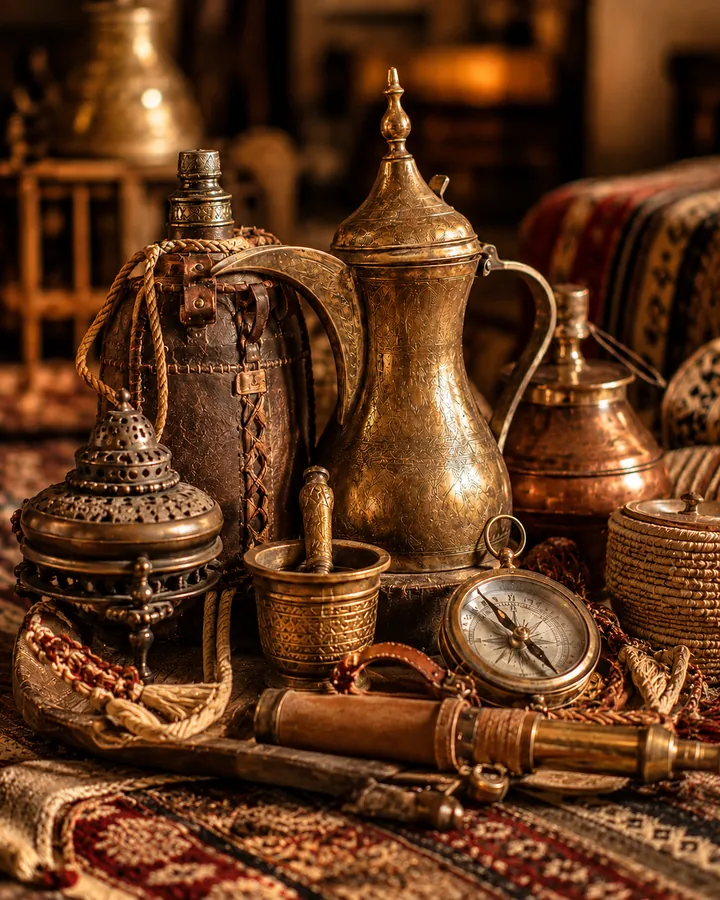 قطع تراثية: دلال ومهباج وبوصلة ومنظار