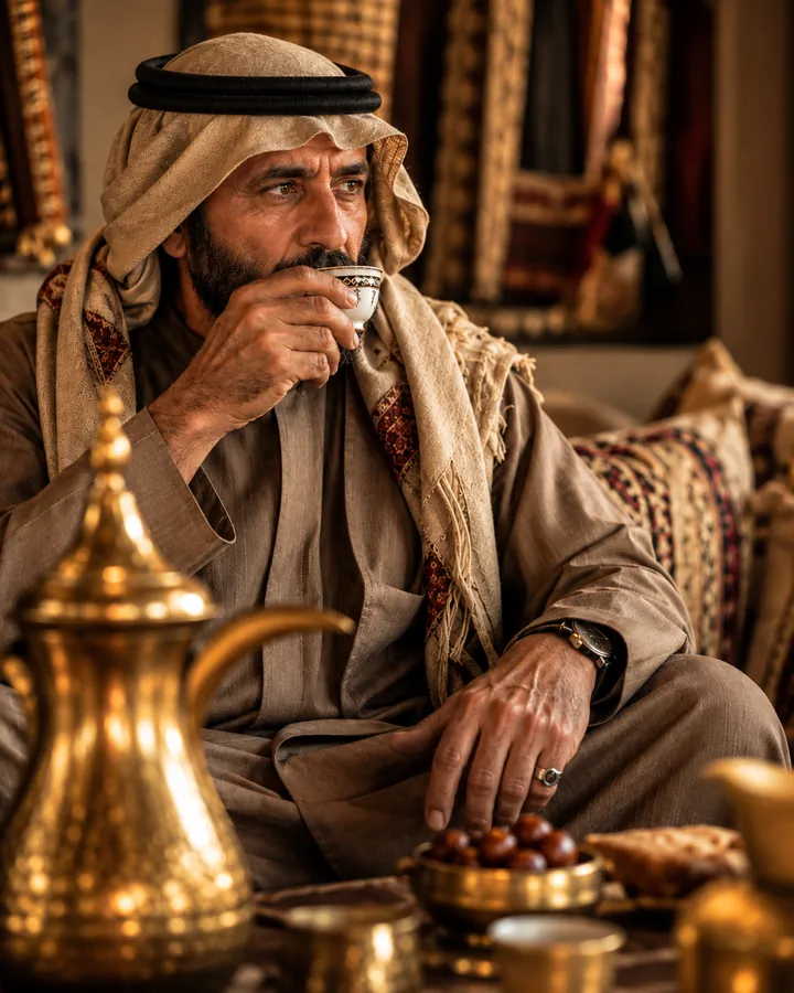 ضيف يتناول القهوة العربية في المجلس