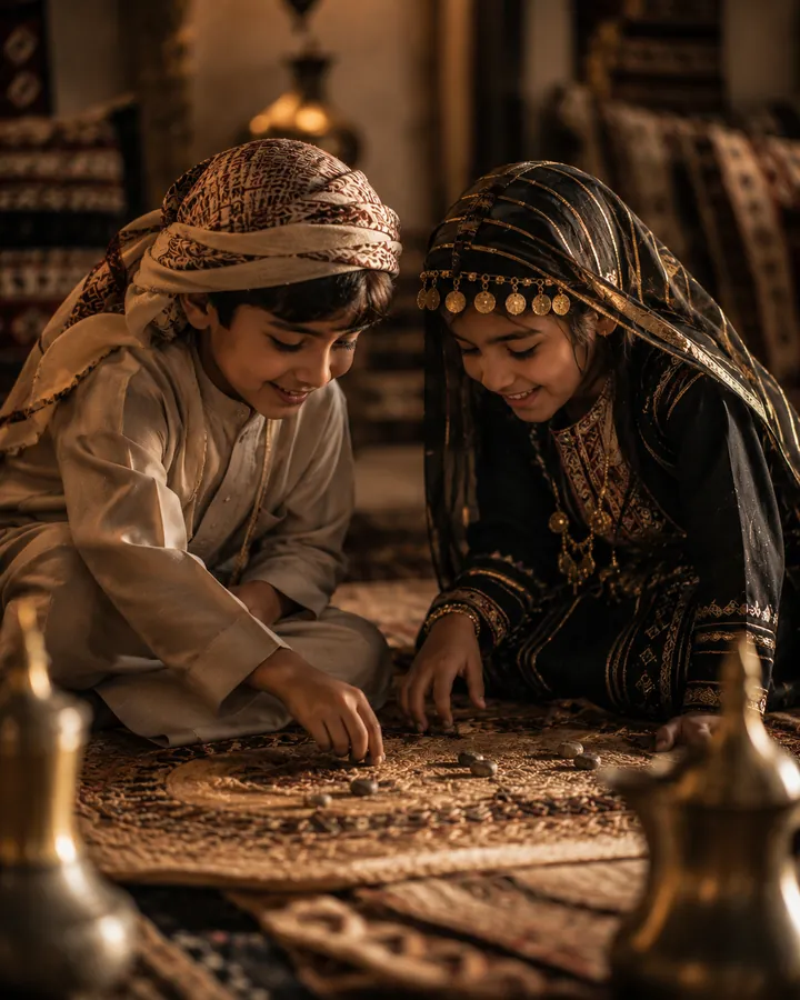 أطفال يلعبون لعبة شعبية على سجاد المجلس