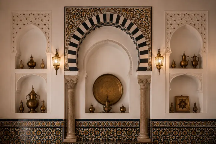 قوس حدوي بصنج متناوب ومحاريب من نقش حديدة